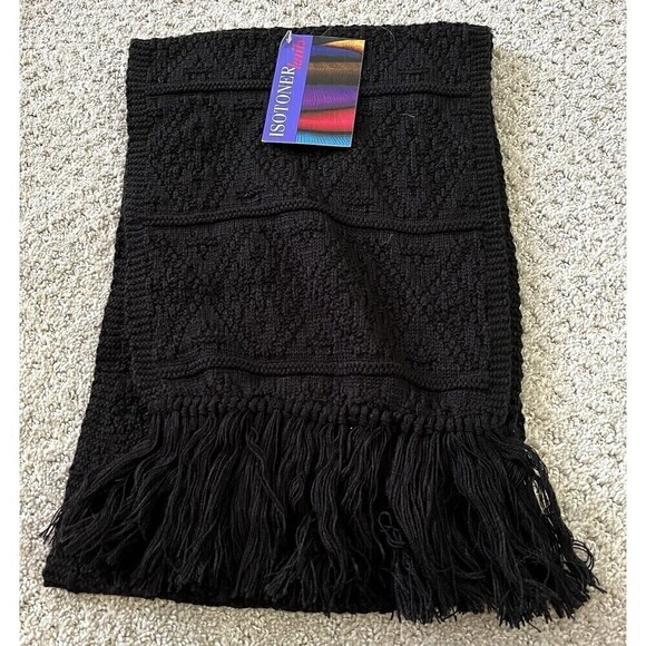 Isotoner Womens Scarf Jet Black Fringe Knit Cozy Winter Fall Textured OS NEW - Picture 1 of 6